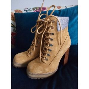 Maddeb Girl Women's Train-R Faux Suede Rhinestone Combat & Lace up Boots